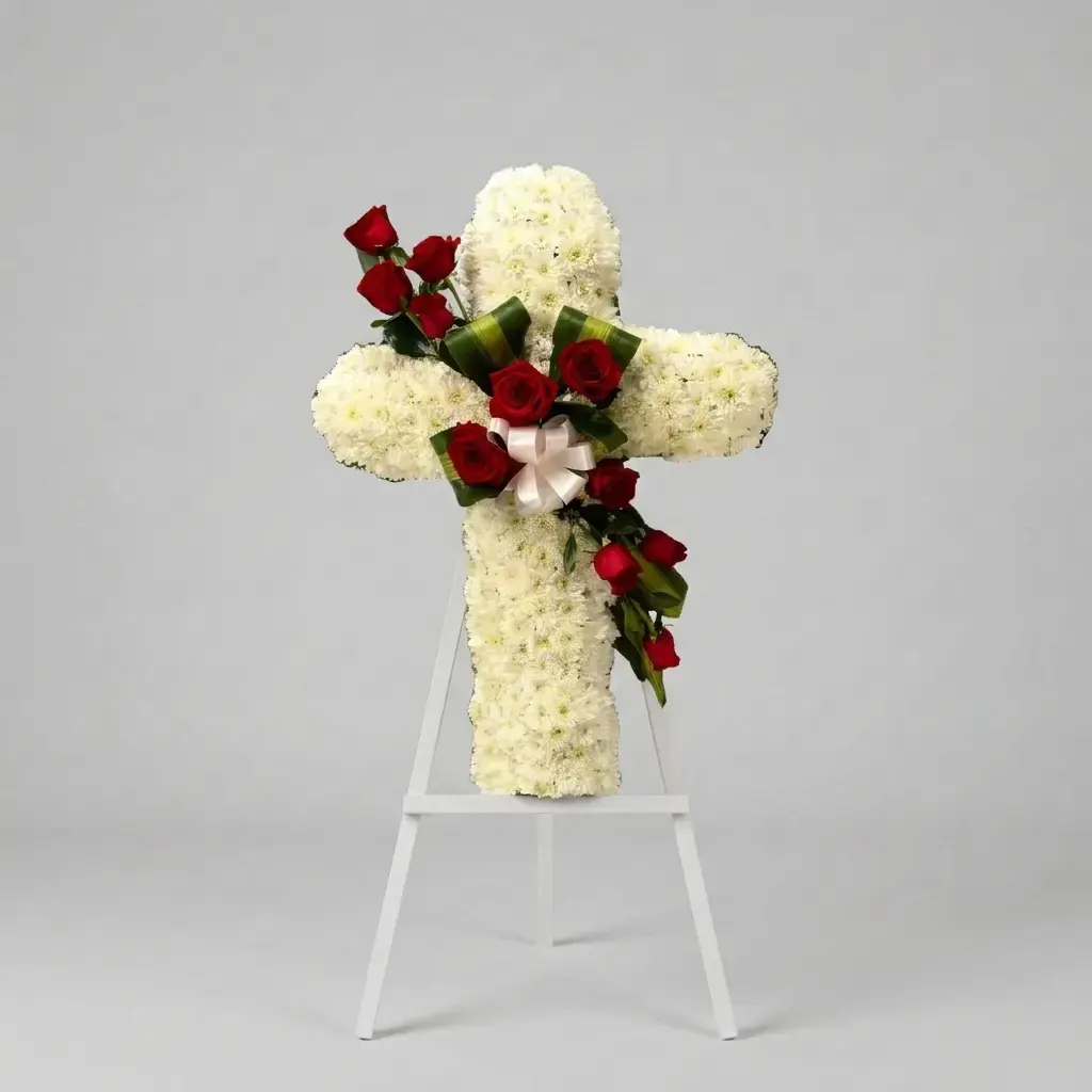 Cruz floral con rosas de recuerdo