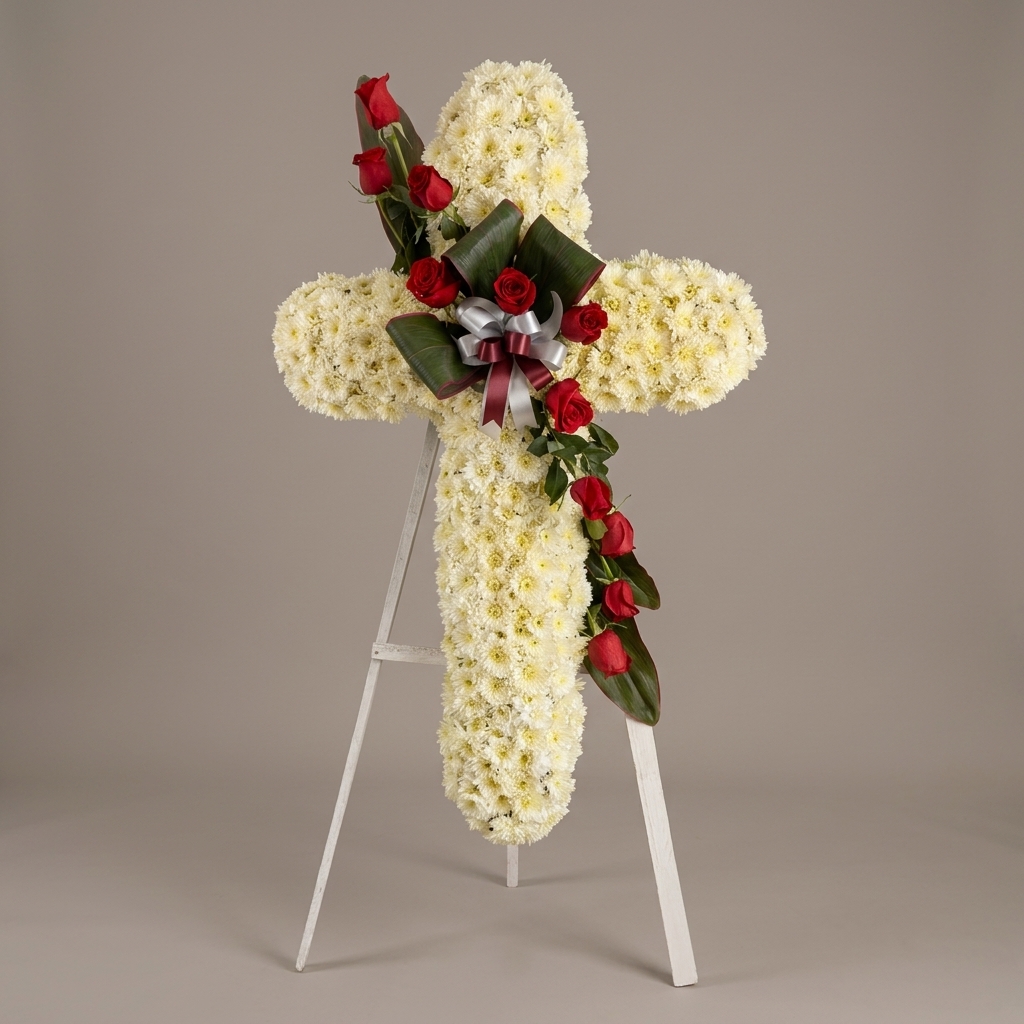 Cruz fúnebre Rosas - Cruz Solemne de Rosas y Crisantemos — Condolencias — Amore Mío — envío Portoviejo y Manta