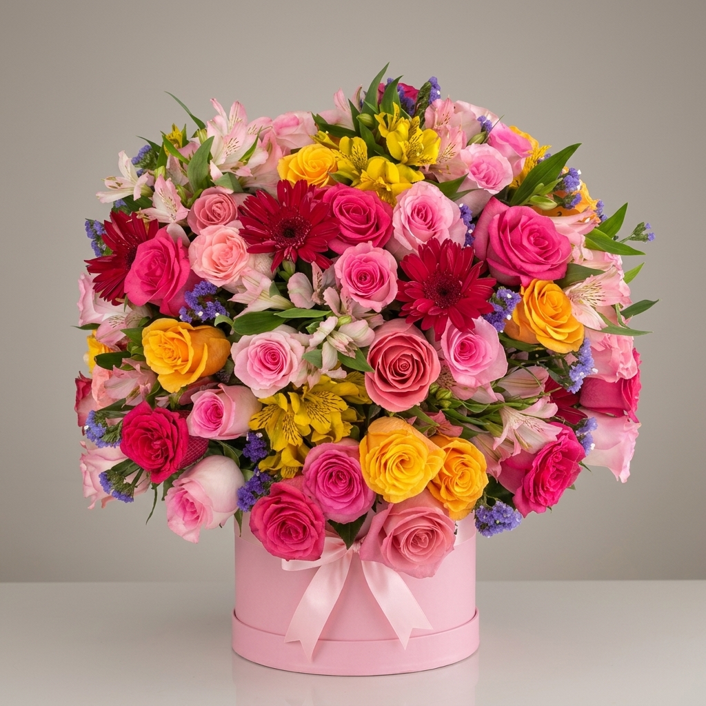 Caja de Flores - Sombrerera Multicolor Jardín Radiante — Aniversario, Cumpleaños — Amore Mío — envío Portoviejo y Manta