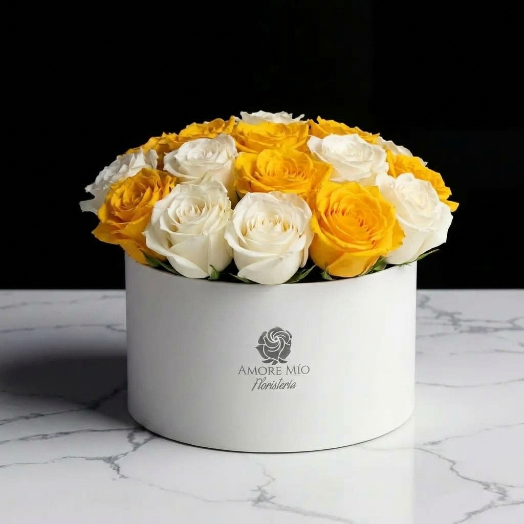 Caja de Flores Amarillas - Sombrerera Radiante Amarilla y Blanca