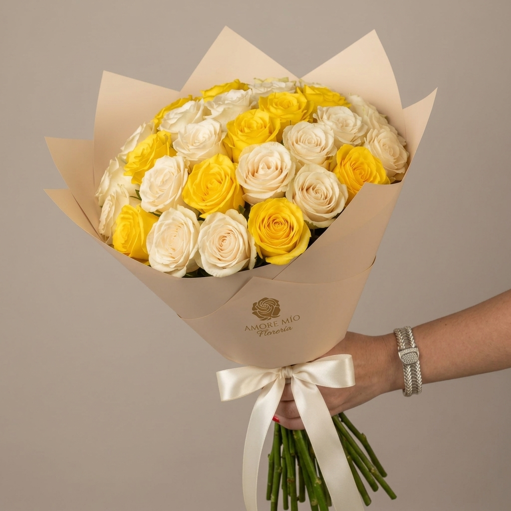 Ramo de Flores Rosas y Amarillas - Ramo Radiante de Rosas Amarillas y Blancas